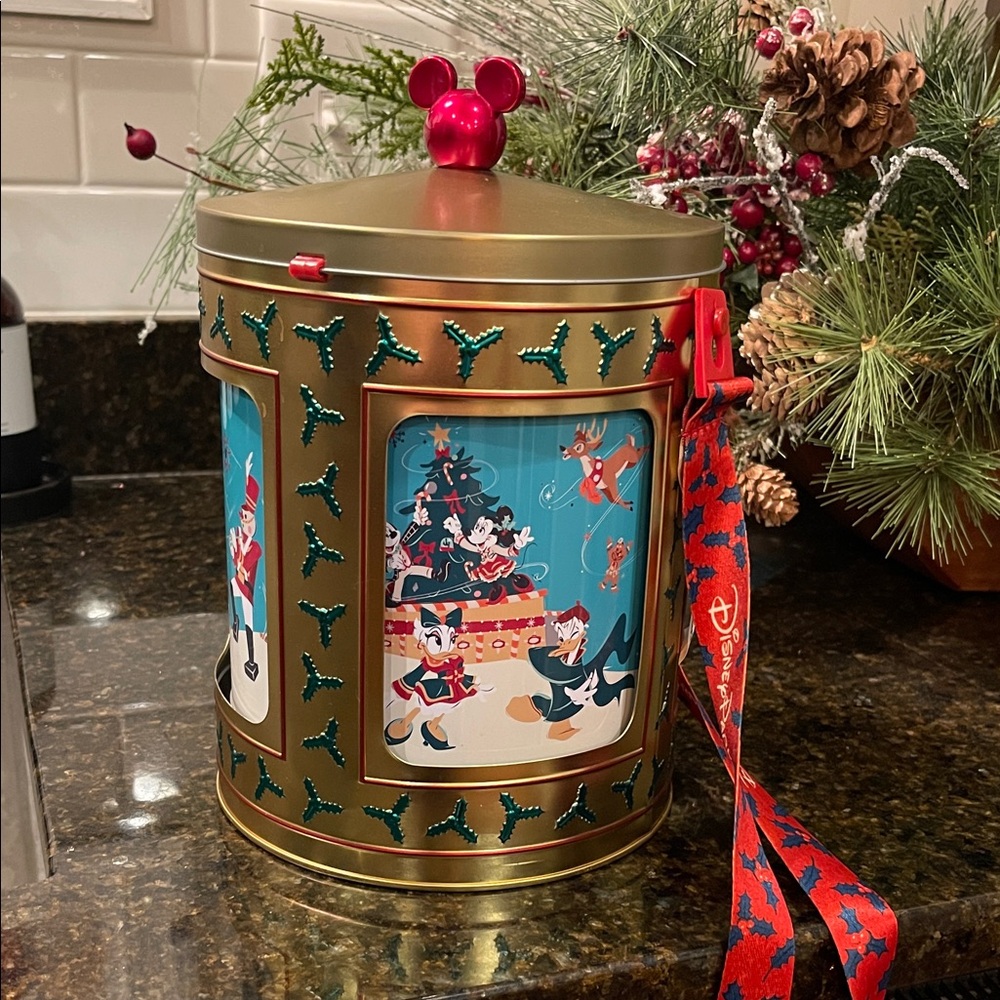 Disney Parks Music Box Popcorn Bucket Festive Holiday Tin - plays jingle bells - Picture 2 of 14